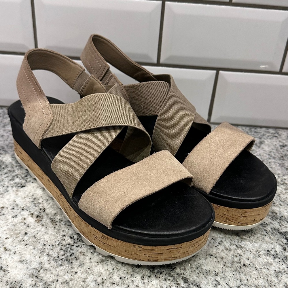 Sorel Womens 7.5 Cameron Flatform Sandal Beige Black Suede Elastic NL4640-264